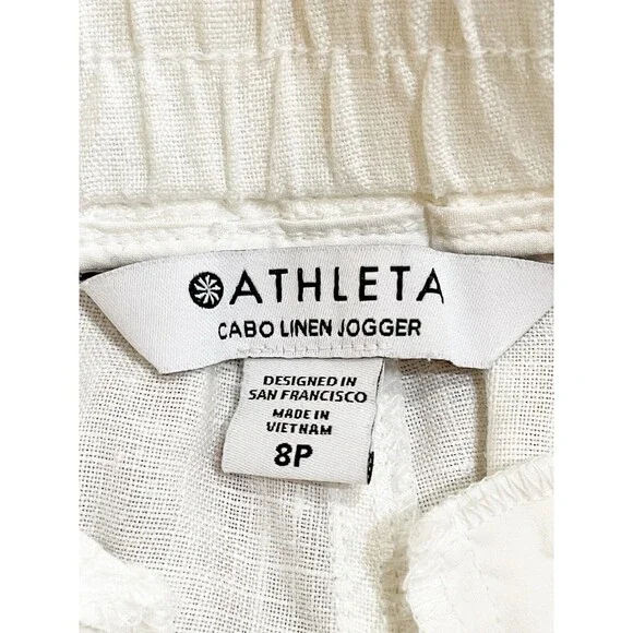 Athleta Cabo Linen Joggers Pants Womens Size 8 Petite White Zip Pockets Pull On - Picture 11 of 15